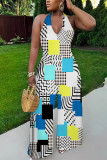 Black And White Sexy Geometric Print Pocket Lace Up Backless Contrast Halter Loose Jumpsuits