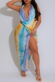 Pink Sexy Tie Dye Backless Slit Halter Irregular Dresses