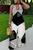 Black And White Sexy Geometric Print Pocket Lace Up Backless Contrast Halter Loose Jumpsuits