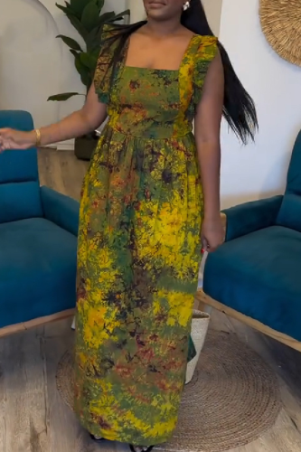 Green Casual Print Patchwork Square Neck Long Dresses