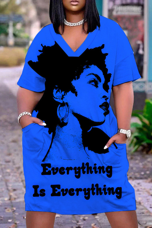 Blue Casual Print Pocket Basic V Neck Short Sleeve Short Sleeve Dress
