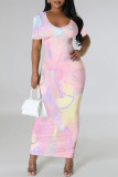 Light Purple Casual Gradient Print Flowers Contrast O Neck Printed Dresses