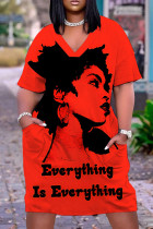 Red Casual Print Pocket Basic V Neck Short Sleeve Short Sleeve Dress