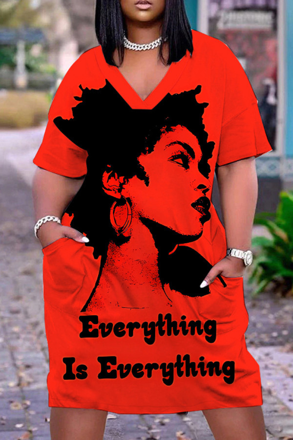 Red Casual Print Pocket Basic V Neck Short Sleeve Short Sleeve Dress