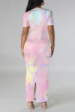 Light Purple Casual Gradient Print Flowers Contrast O Neck Printed Dresses