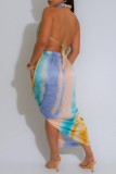Pink Sexy Tie Dye Backless Slit Halter Irregular Dresses