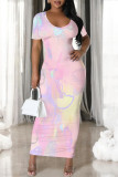 Light Purple Casual Gradient Print Flowers Contrast O Neck Printed Dresses