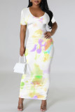 Light Purple Casual Gradient Print Flowers Contrast O Neck Printed Dresses