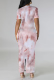 Light Purple Casual Gradient Print Flowers Contrast O Neck Printed Dresses