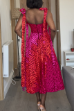 Red Sexy Print Pocket Patchwork Strap Design Spaghetti Strap Sling Dresses