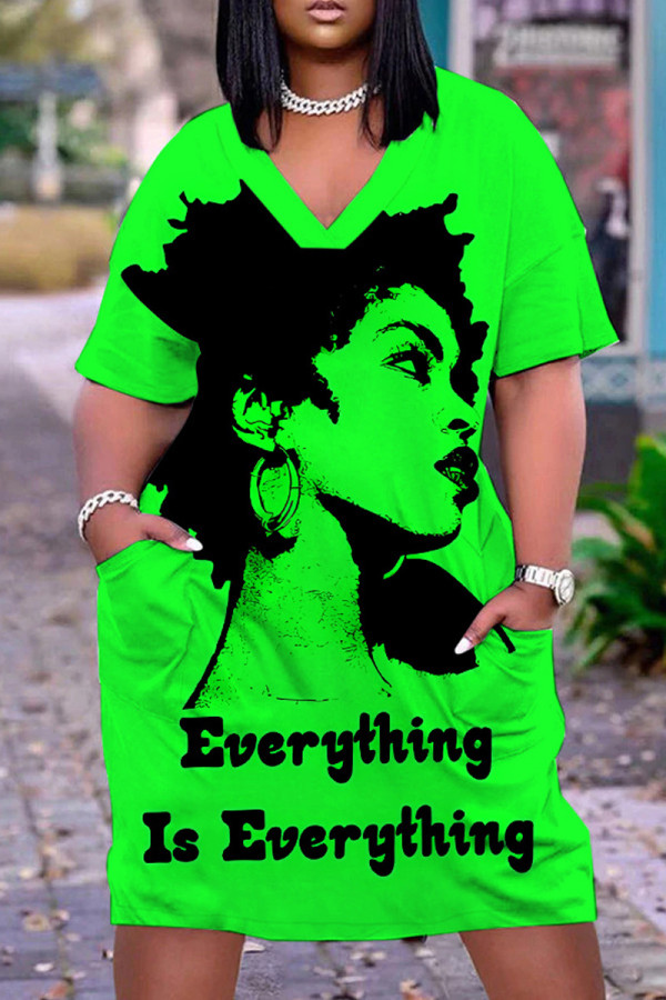 Fluorescent Yellow Casual Print Pocket Basic V Neck Short Sleeve Short Sleeve Dress