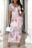 Light Purple Casual Gradient Print Flowers Contrast O Neck Printed Dresses