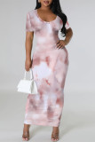 Light Purple Casual Gradient Print Flowers Contrast O Neck Printed Dresses