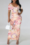 Light Purple Casual Gradient Print Flowers Contrast O Neck Printed Dresses