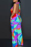 Black And White Sexy Geometric Print Pocket Lace Up Backless Contrast Halter Loose Jumpsuits