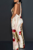 Black And White Sexy Geometric Print Pocket Lace Up Backless Contrast Halter Loose Jumpsuits