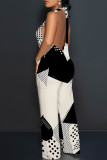 Black And White Sexy Geometric Print Pocket Lace Up Backless Contrast Halter Loose Jumpsuits