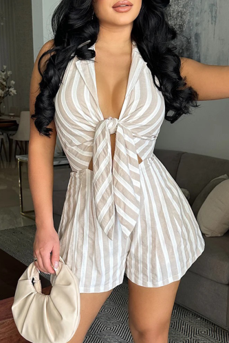 Apricot Casual Stripe Patchwork Strap Design Deep V Neck Loose Rompers