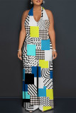 Black And White Sexy Geometric Print Pocket Lace Up Backless Contrast Halter Loose Jumpsuits