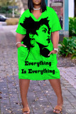Fluorescent Yellow Casual Print Pocket Basic V Neck Short Sleeve Short Sleeve Dress