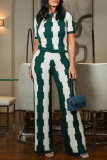 Green Casual Daily Print Basic O Neck Short Sleeve Two Pieces
