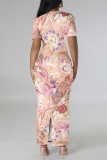 Light Purple Casual Gradient Print Flowers Contrast O Neck Printed Dresses