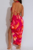 Pink Sexy Tie Dye Backless Slit Halter Irregular Dresses