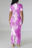 Light Purple Casual Gradient Print Flowers Contrast O Neck Printed Dresses