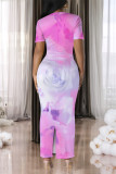 Light Purple Casual Gradient Print Flowers Contrast O Neck Printed Dresses