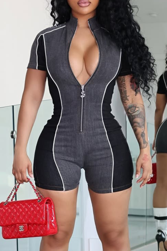 Grey Sexy Patchwork Zipper Zipper Collar Skinny Rompers