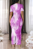 Light Purple Casual Gradient Print Flowers Contrast O Neck Printed Dresses