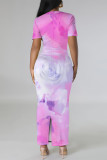 Light Purple Casual Gradient Print Flowers Contrast O Neck Printed Dresses