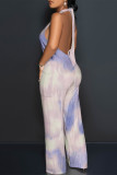 Black And White Sexy Geometric Print Pocket Lace Up Backless Contrast Halter Loose Jumpsuits