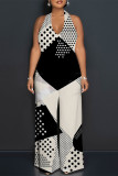 Black And White Sexy Geometric Print Pocket Lace Up Backless Contrast Halter Loose Jumpsuits