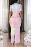 Light Purple Casual Gradient Print Flowers Contrast O Neck Printed Dresses