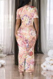 Light Purple Casual Gradient Print Flowers Contrast O Neck Printed Dresses