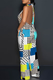 Black And White Sexy Geometric Print Pocket Lace Up Backless Contrast Halter Loose Jumpsuits