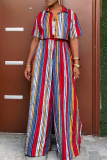 Red Casual Print Buckle Patchwork Turndown Collar Short Sleeve Two Pieces