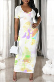 Light Purple Casual Gradient Print Flowers Contrast O Neck Printed Dresses