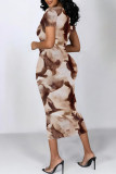 Dark Gray Casual Floral Print Butterfly Contrast O Neck Printed Short Sleeve Dress