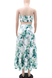 Green Sexy Print Hollow Out Strap Design Strapless Long Dresses
