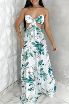Green Sexy Print Hollow Out Strap Design Strapless Long Dresses