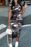 Dark Gray Casual Floral Print Butterfly Contrast O Neck Printed Short Sleeve Dress