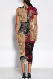 Dark Gray Casual Floral Print Butterfly Contrast O Neck Printed Short Sleeve Dress