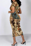 Dark Gray Casual Floral Print Butterfly Contrast O Neck Printed Short Sleeve Dress