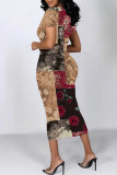 Dark Gray Casual Floral Print Butterfly Contrast O Neck Printed Short Sleeve Dress