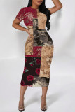 Dark Gray Casual Floral Print Butterfly Contrast O Neck Printed Short Sleeve Dress