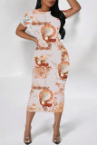 Dark Gray Casual Floral Print Butterfly Contrast O Neck Printed Short Sleeve Dress