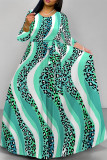 Green Casual Striped Print Leopard Pocket With Belt O Neck Printed Dresses