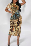 Dark Gray Casual Floral Print Butterfly Contrast O Neck Printed Short Sleeve Dress
